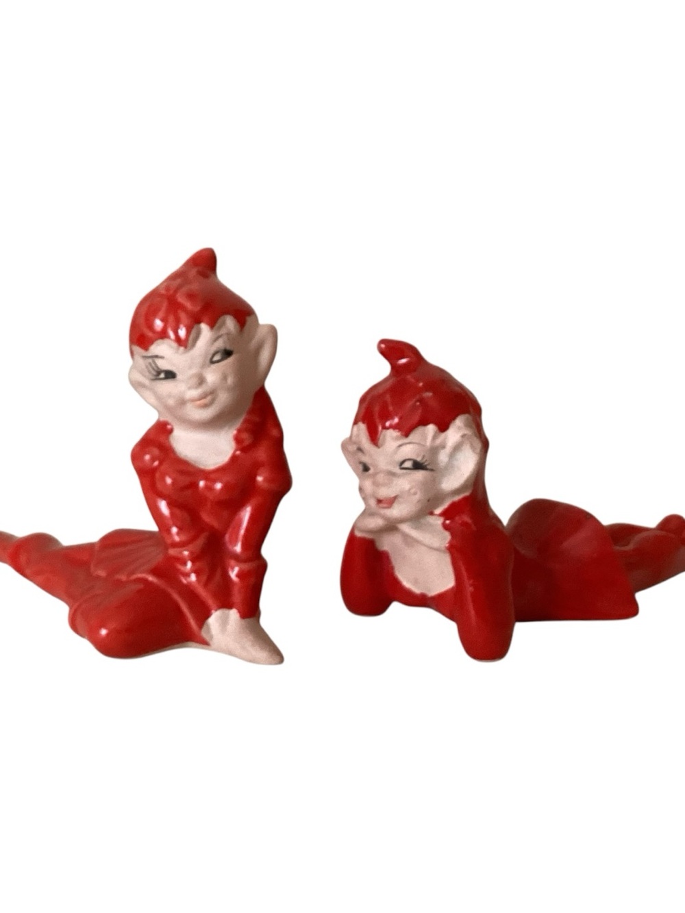 Vintage 50’s Gilner Pixie Elves Two Reclining Girls in Red